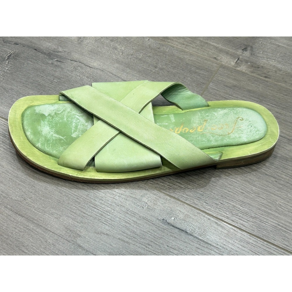 Free People Del Mar Sandals Womens 7 Green Leather Slide Strappy Boho Summer - Picture 3 of 9